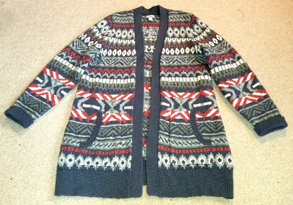 Womens Sweater-L L BEAN-blue/pink heavy cotton 'Ragg Fair Isle open cardigan'-L